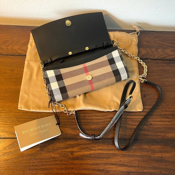 Burberry Henley Check Chain Crossbody Wallet Bag Leather & Fabric Black - Picture 3 of 13